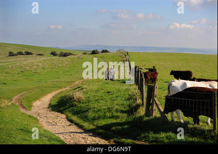 Wanderer genießen Sie eine Herbst-Wanderung über den South Downs Way von Ditchling Leuchtfeuer in der Nähe von Brighton heute Stockfoto