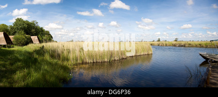 Panorama mit Blick auf den Fluss und den Busch in Moremi Game Reserve, Botswana Lodge. Stockfoto