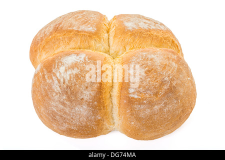 Nahaufnahme von vier Brötchen Brot auf weißem Hintergrund, Horizontal gedreht, flachen Fokus Stockfoto