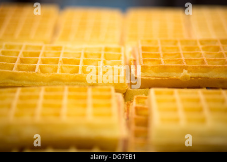 Nahaufnahme von einem gelben Waffeln mit selektiven Fokus. Die Waffel ist eine belgische Spezialität. Stockfoto