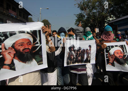 Srinagar, Kaschmir. 16. Oktober 2013. Kashmir muslimische Demonstranten halten Sie ein Foto. Osama bin Laden und Talban Kämpfer bei Protest in Srinagar, der Sommerhauptstadt des indischen Kaschmir auf 16.10.2013 (Credit-Bild: © Altaf Zargar/ZUMAPRESS. Stockfoto