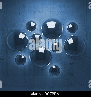 Abstrakte 3D-Hintergrund mit leuchtenden Kugeln auf blauen Betonwand Stockfoto