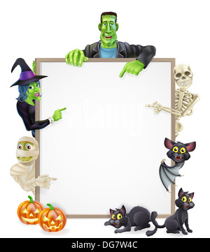 Halloween Schild Comicfiguren Mumie, Frankenstein, Fledermaus, Skelett und Hexe Stockfoto