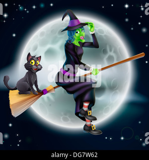 Ein Halloween-Beispiel für eine grüne Hexe auf ihrem Besen mit ihrer Katze vor einem Stern fliegen beleuchteten Nachthimmel mit Vollmond Stockfoto