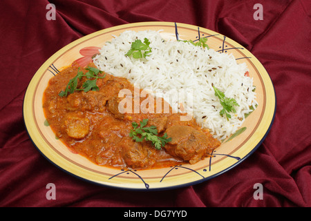 Lamm Rogan Josh, serviert mit Reis Jeera (Kreuzkümmel). Eine Tilt-Shift-Objektiv wurde verwendet, um große Schärfentiefe zu erzielen. Stockfoto