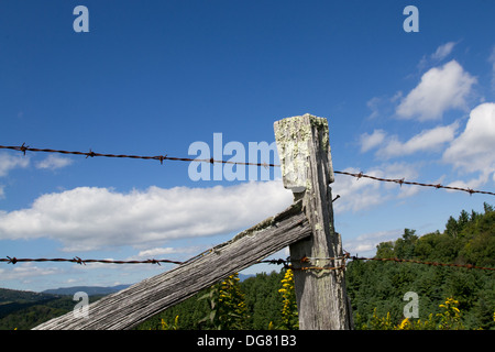 Alten Stacheldrahtzaun vor blauem Himmel mit Wolken Stockfoto