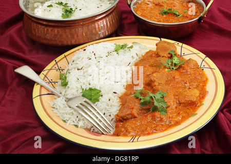 Lamm Rogan Josh, serviert mit Reis Jeera (Kreuzkümmel). Eine Tilt-Shift-Objektiv wurde verwendet, um große Schärfentiefe zu erzielen. Stockfoto