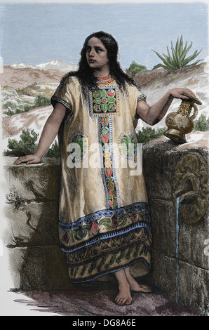 Amerika. Mexiko. Mexikanisches Mädchen, mit "Tolteque-Stil" Gewand. 1880.-Gravur. Spätere Färbung. des 19. Jahrhunderts. Stockfoto