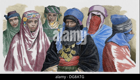 Afrika. Algerien. Sahara Tuareg, um 1900. In der Regel sind die Männer verhüllt, die Frauen nicht. Kupferstich, 19. Jahrhundert. Stockfoto
