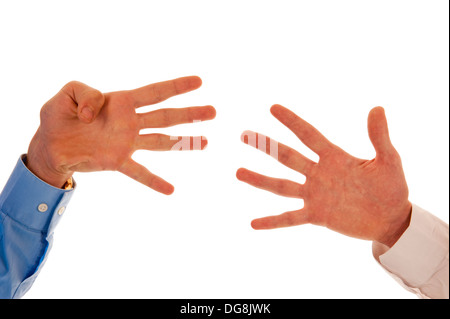 Zwei Hände vertritt und die Zahl neun Finger isoliert in weiß Stockfoto