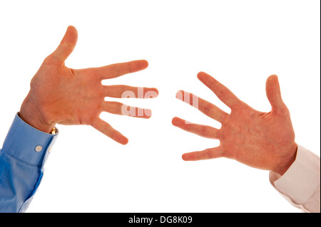 Zwei Hände für die Nummer zehn mit Fingern isoliert in weiß Stockfoto