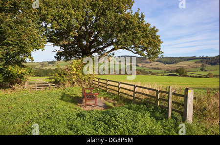 Eine rustikale Holzsitz mit einem malerischen Blick auf die Yorkshire Wolds im frühen Herbst, Herbst, bei bewölktem Himmel blau Stockfoto