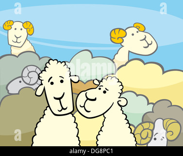 Cartoon-Illustration der Herde von Schafen Comic Characters Group Stockfoto