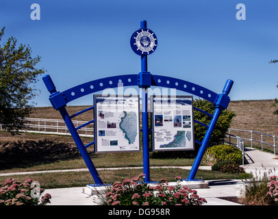 Der Great River Road-Kiosk in Fulton, Illinois, einer Stadt auf dem Lincoln Highway Stockfoto