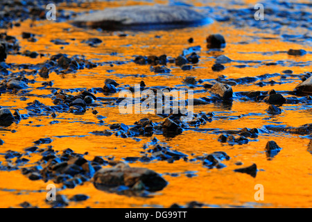 Sonnenuntergang abprallen gelblich Rock spiegelt sich in der Höhle Stream Stockfoto