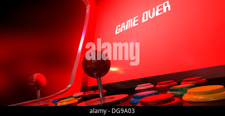 Ein Vintage Arcade-Spiel-Maschine mit einem hellen rot beleuchteten Bildschirm, der Spiel vorbei in weiß auf einem dunklen Arcade-Hintergrund liest Stockfoto