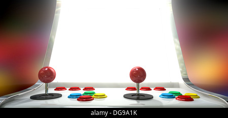 Ein Vintage Arcade-Spiel-Maschine mit bunten Controllern und einem hell beleuchteten Bildschirm auf einem hellen Arcade-Hintergrund Stockfoto
