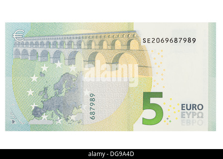 5 Euro-Banknote auf weißem Hintergrund Stockfoto