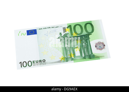 Hundert-Euro-Banknote auf weißem Hintergrund Stockfoto