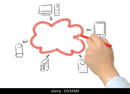 Geschäftsmann, ein Cloud Computing-Diagramm zeichnen Stockfoto