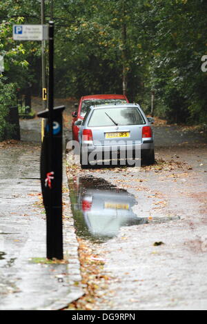 Kelvinbridge, Glasgow, Schottland, Großbritannien. 17. Oktober 2013. Dauerregen und ein echtes Gefühl des Herbstes stoppen nicht die Leben vieler, da jeder über ihr tägliches Geschäft geht. Paul Stewart/Alamy News Stockfoto