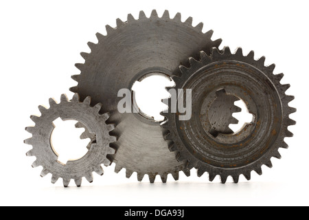 Stahl Zahnräder auf weißem Hintergrund Stockfoto