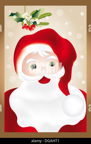 Handgezeichnete Portrait von Santa Claus unter Mistel und Holly auf glitzernden Hintergrund im retro-look Stockfoto