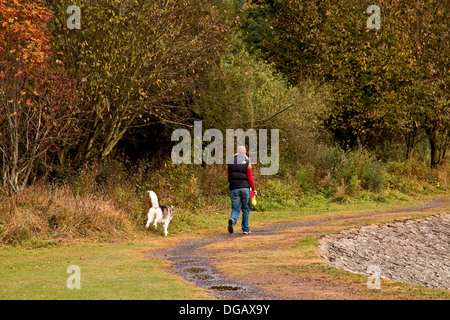 Eine Frau mit ihrem Hund auf Clatto Park Weg zur Herbst-Zeit in Dundee, Großbritannien Stockfoto