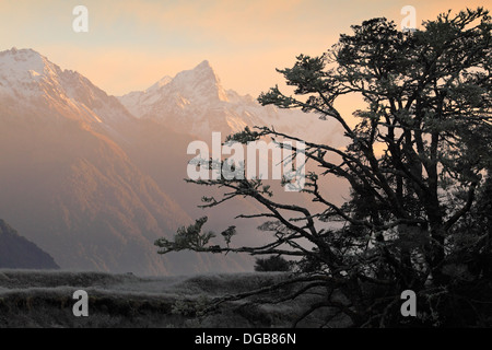 Winter-Sonnenaufgang am Earl Mountains, Fiordland, Neuseeland. Stockfoto