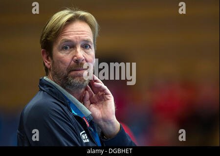 Hamburg, Deutschland. 17. Oktober 2013. Hamburgs Trainer Martin Schwalb während der Herren Handball Champions League match Gruppe D HSV Hamburg Vs HK Halmstad in der Alsterdorfer Sporthalle in Hamburg, Deutschland, 17. Oktober 2013. Hamburg gewann 39:30. Foto: Maja Hitij/Dpa/Alamy Live News Stockfoto