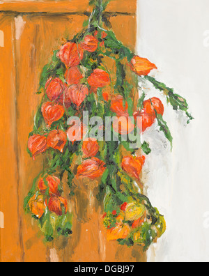 handgezeichnete Aquarell Stillleben mit Blumen orange physalis Stockfoto