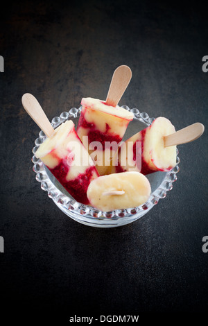 Hausgemachte Eis am Stiel mit Vanillepudding und Himbeeren Stockfoto