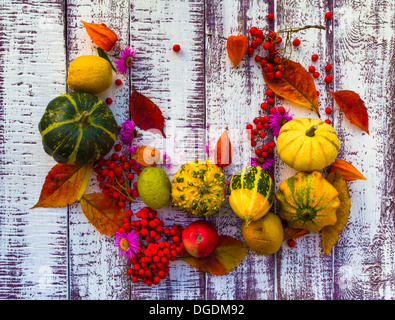 Herbst-Einstellung auf dem Holztisch mit Obst und Gemüse Stockfoto