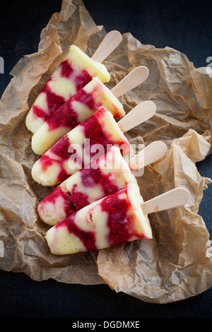 Hausgemachte Eis am Stiel mit Vanillepudding und Himbeeren Stockfoto