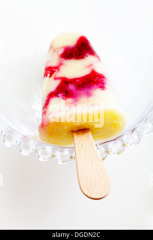 Hausgemachte Eis am Stiel mit Vanillepudding und Himbeeren Stockfoto