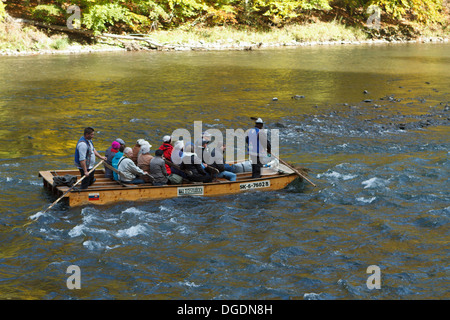 Rafting auf traditionelle, hölzerne Flöße durch Dunajec-Schlucht, der Pieniny-Gebirge, Polen / Slowakei. Stockfoto