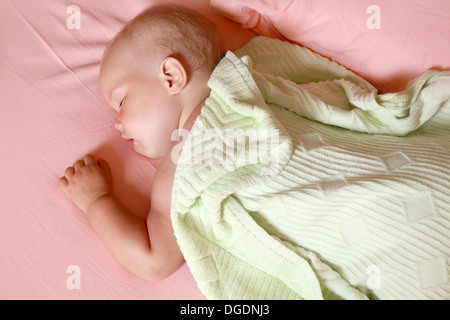 Kleines Baby schläft im Bett unter weichen grünen Decke Stockfoto