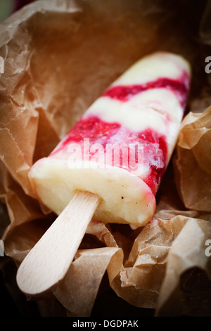 Hausgemachte Eis am Stiel mit Vanillepudding und Himbeeren Stockfoto