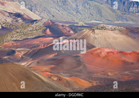 Sehen Sie unten in den großen Haleakala Krater auf Maui, Hawaii mit roten Schlackenkegel. Stockfoto