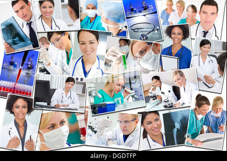 interracial medizinisches Personal Menschen, Männer, Frauen, Ärzte, Krankenschwestern & Teams in Krankenhäusern und Labors mit Ausrüstung & Röntgenstrahlen Stockfoto