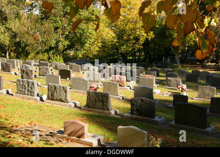 Grabsteine auf einem Friedhof an einem sonnigen Herbsttag Stockfoto