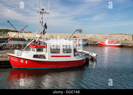 Bunte Fischerboote im Hafen von Svaneke auf Bornholm, Dänemark Stockfoto