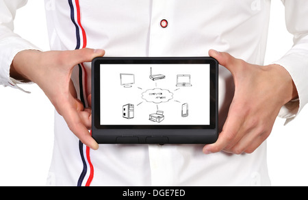 Touchpad in der Hand mit Computer-Netzwerk Stockfoto
