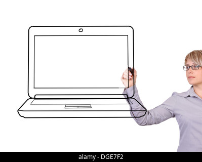 Frau, Laptop auf einem weißen Hintergrund zeichnen Stockfoto
