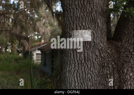 Gebucht, kein Hausfriedensbruch Zeichen an einer Eiche im Marion County, Florida USA angeschlossen. Stockfoto