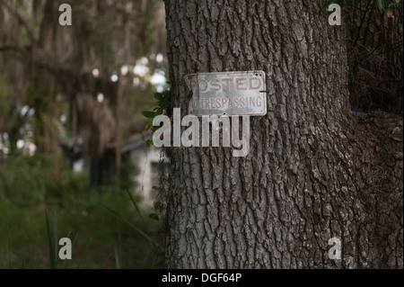 Gebucht, kein Hausfriedensbruch Zeichen an einer Eiche im Marion County, Florida USA angeschlossen. Stockfoto