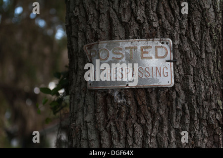 Gebucht, kein Hausfriedensbruch Zeichen an einer Eiche im Marion County, Florida USA angeschlossen. Stockfoto