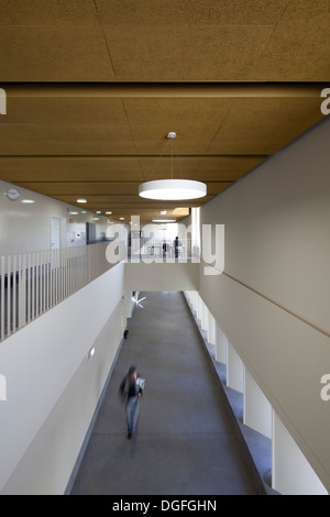 Francisco de Arruda School, Lissabon, Portugal. Architekt: José Neves, 2013. Innenansicht des Korridors und Atrium. Stockfoto