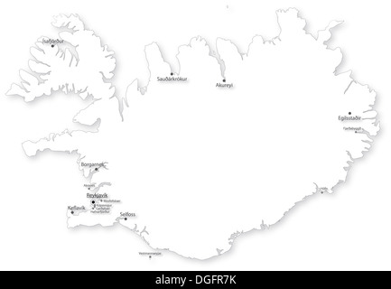 Karte von Island mit Städten auf weiß. In WGS 84 Welt Mercator (EPSG:3395) Koordinatensystem projiziert. Stockfoto