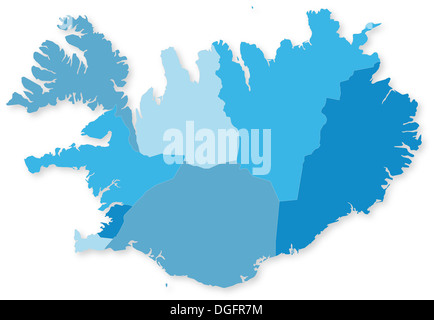 Blaue Karte von Island mit Regionen mit Schatten. In WGS 84 Welt Mercator (EPSG:3395) Koordinatensystem projiziert. Stockfoto